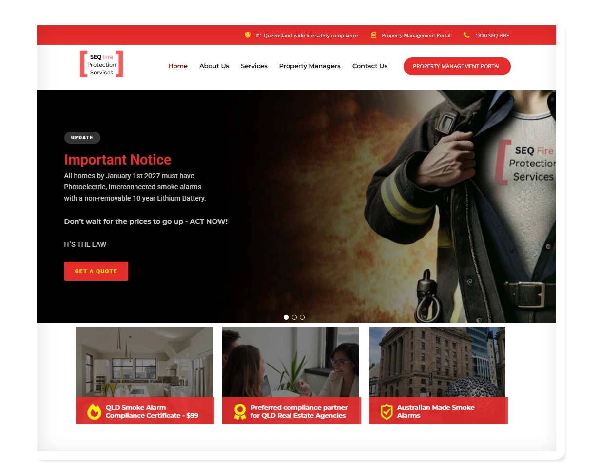 SEQ Fire Protection Services website homepage design for fire safety and compliance services in Brisbane