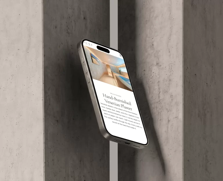 Dune Artisan Finishes smartphone mockup showing architectural concrete and Venetian plaster web design